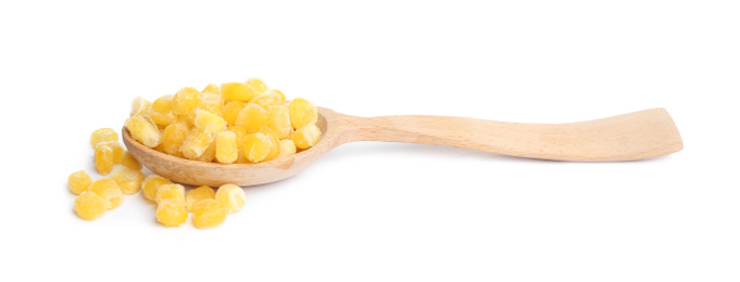 Frozen corn in wooden spoon isolated on white. Vegetable preservation