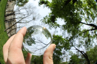 Beautiful green trees outdoors, overturned reflection. Man holding crystal ball in park, closeup. Wide-angle lens
