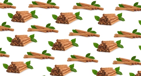 Set with aromatic cinnamon sticks on white background, banner design