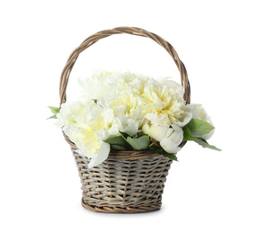 Photo of Bouquet of beautiful peonies in wicker basket isolated on white