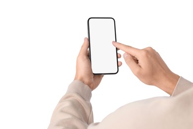 Man using smartphone with blank screen on white background, closeup. Mockup for design