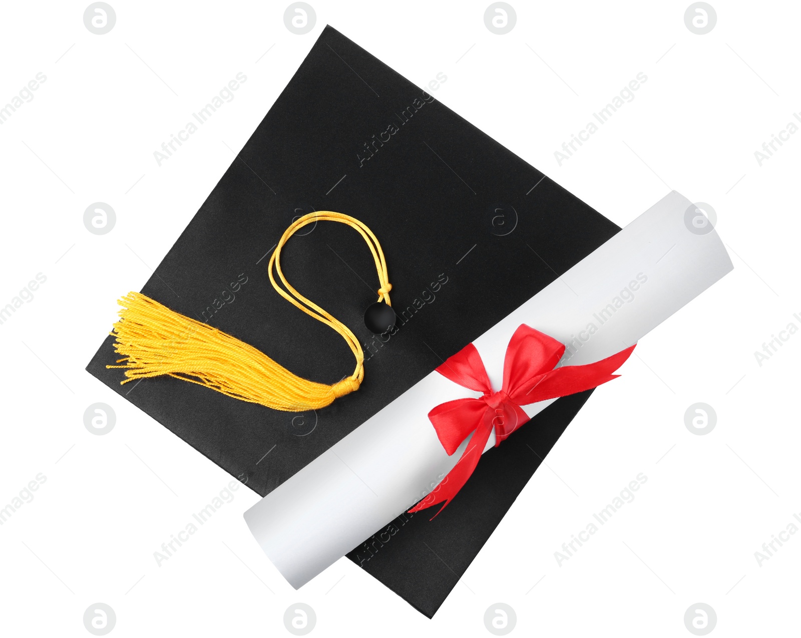 Photo of Graduation hat with gold tassel and diploma isolated on white, top view