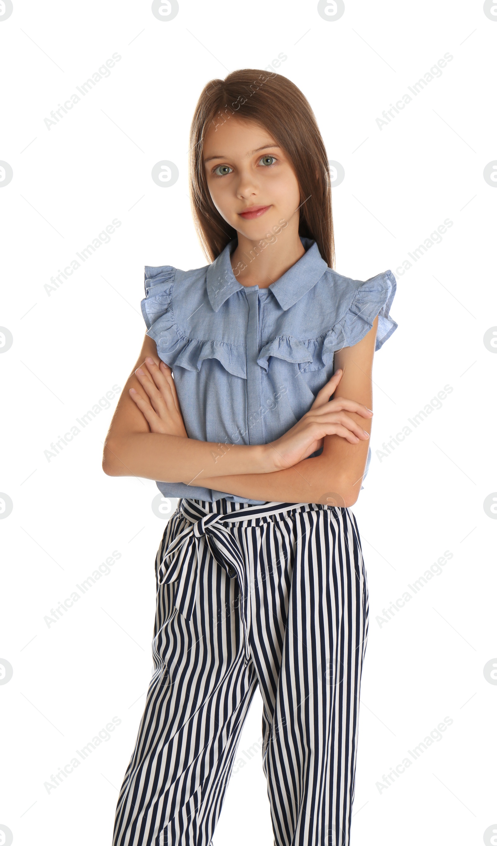 Photo of Portrait of cute little girl on white background