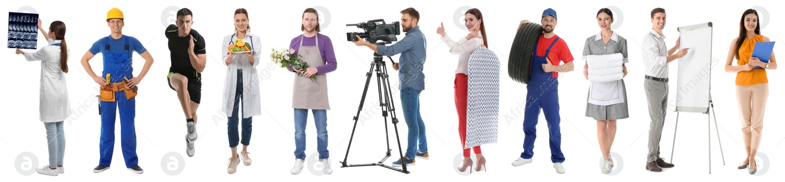 Image of Collage with people of different professions on white background. Banner design