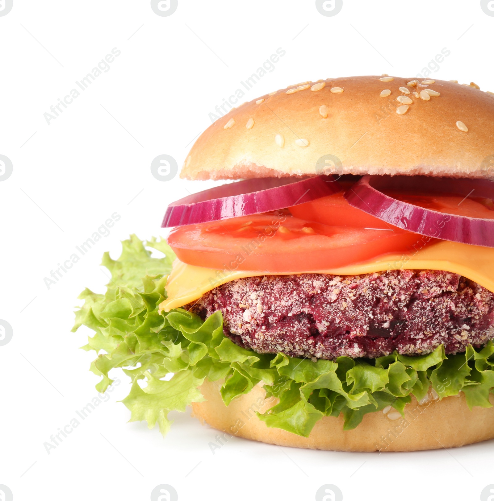 Photo of Tasty vegetarian burger with beet patty isolated on white