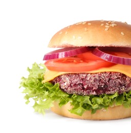 Tasty vegetarian burger with beet patty isolated on white
