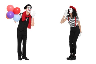 Image of Two funny mimes performing on white background