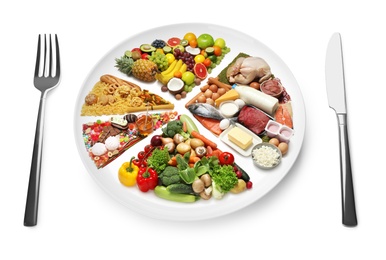 Image of Cutlery near plate with different products on white background. Balanced food