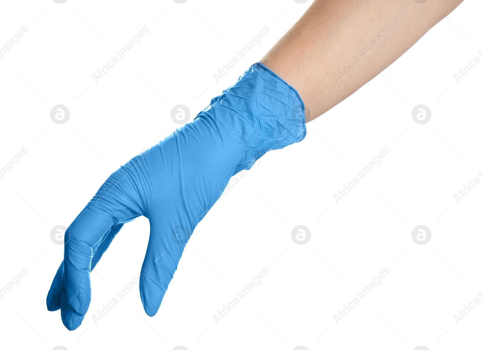 Photo of Woman in blue latex gloves holding something on white background, closeup of hand