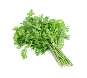 Photo of Heap of chopped parsley leaves isolated on white