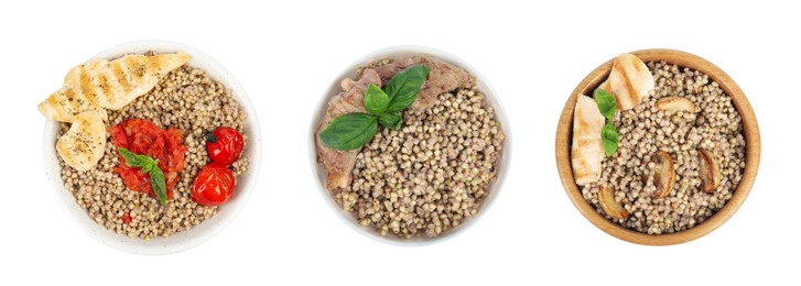 Set with tasty buckwheat porridge with meat on white background, top view. Banner design