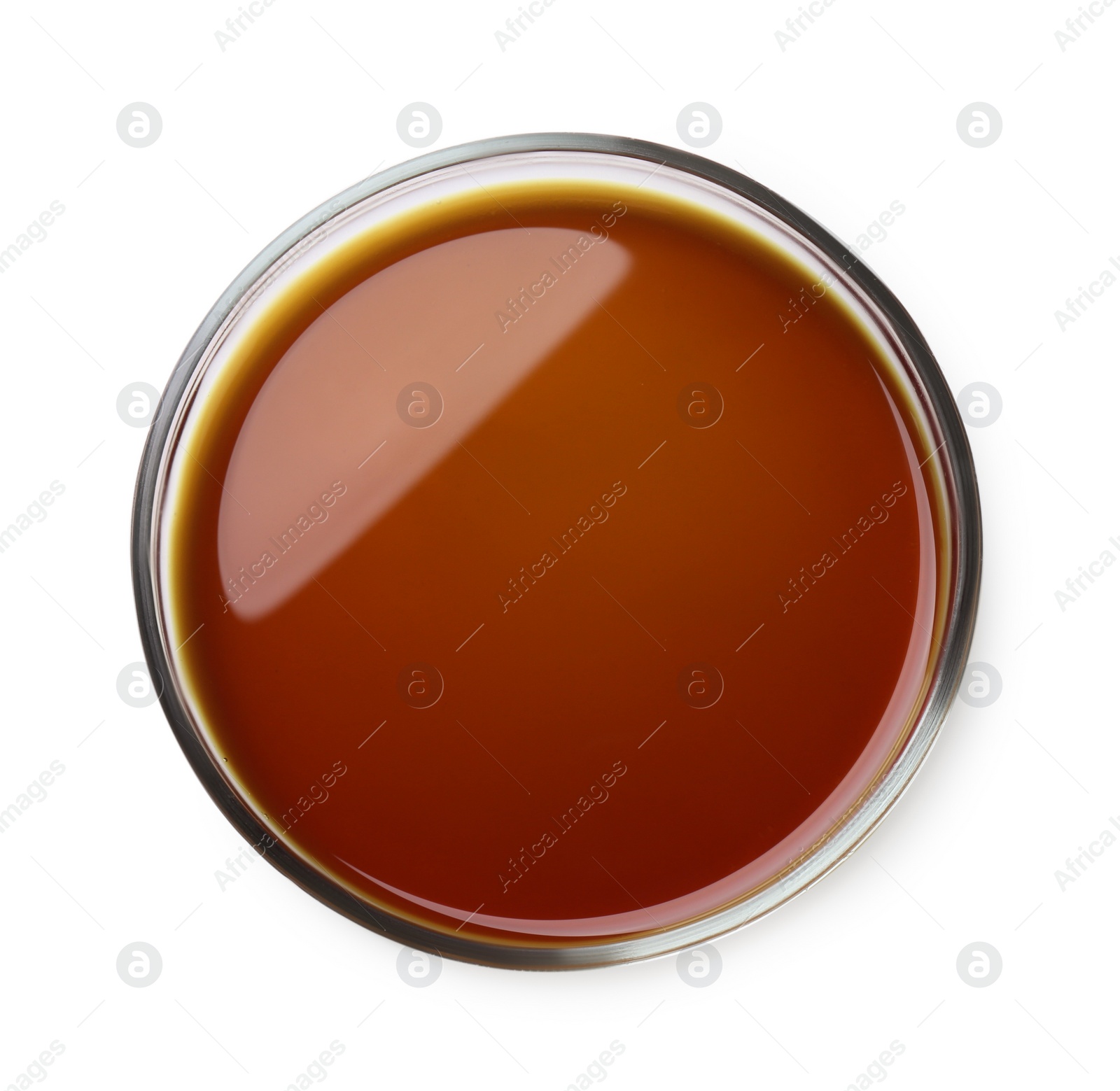 Photo of Petri dish with color liquid sample isolated on white, top view