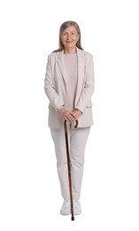 Photo of Senior woman with walking cane on white background