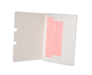 Photo of Package of facial oil blotting tissues isolated on white. Mattifying wipes