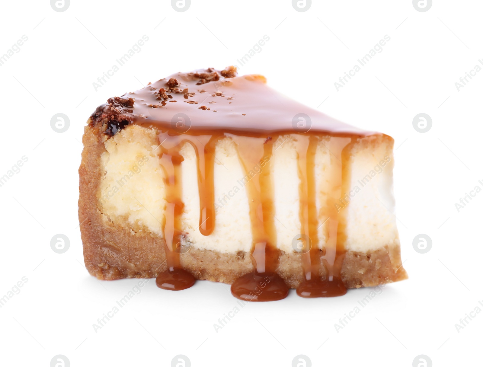 Photo of Piece of delicious cake with caramel isolated on white