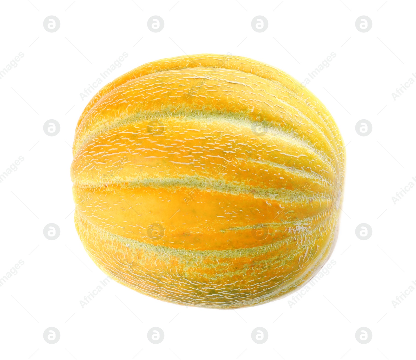 Photo of Whole tasty ripe melon on white background, top view