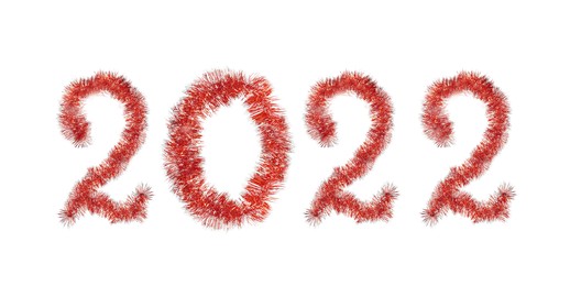 Number 2022 made of shiny red tinsels on white background, banner design