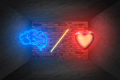 Image of Choosing between logic and emotions. Illustrations of glowing heart, brain and slash symbol between them against brick wall in room with grey stone surfaces