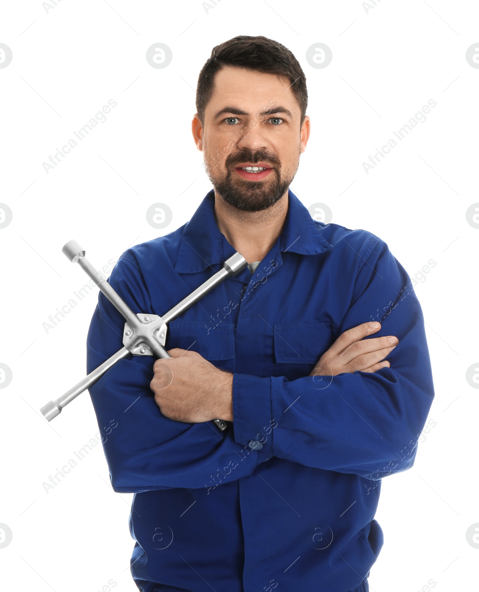 Photo of Portrait of professional auto mechanic with lug wrench on white background