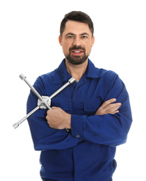 Photo of Portrait of professional auto mechanic with lug wrench on white background