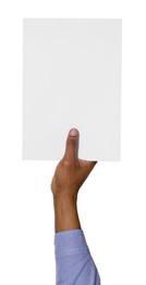 Photo of African American man holding sheet of paper on white background, closeup. Mockup for design