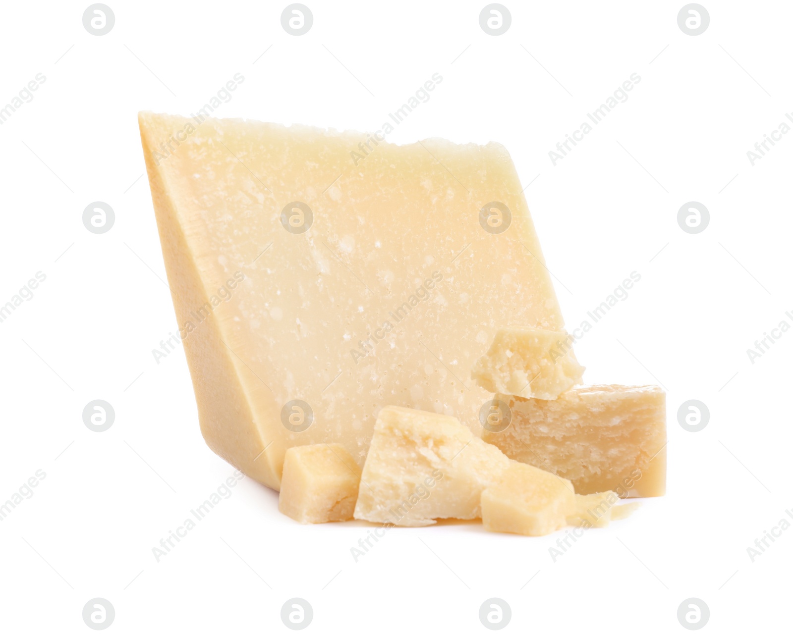 Photo of Pieces of delicious parmesan cheese on white background