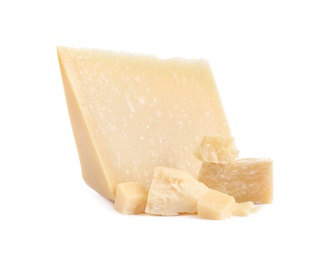 Photo of Pieces of delicious parmesan cheese on white background