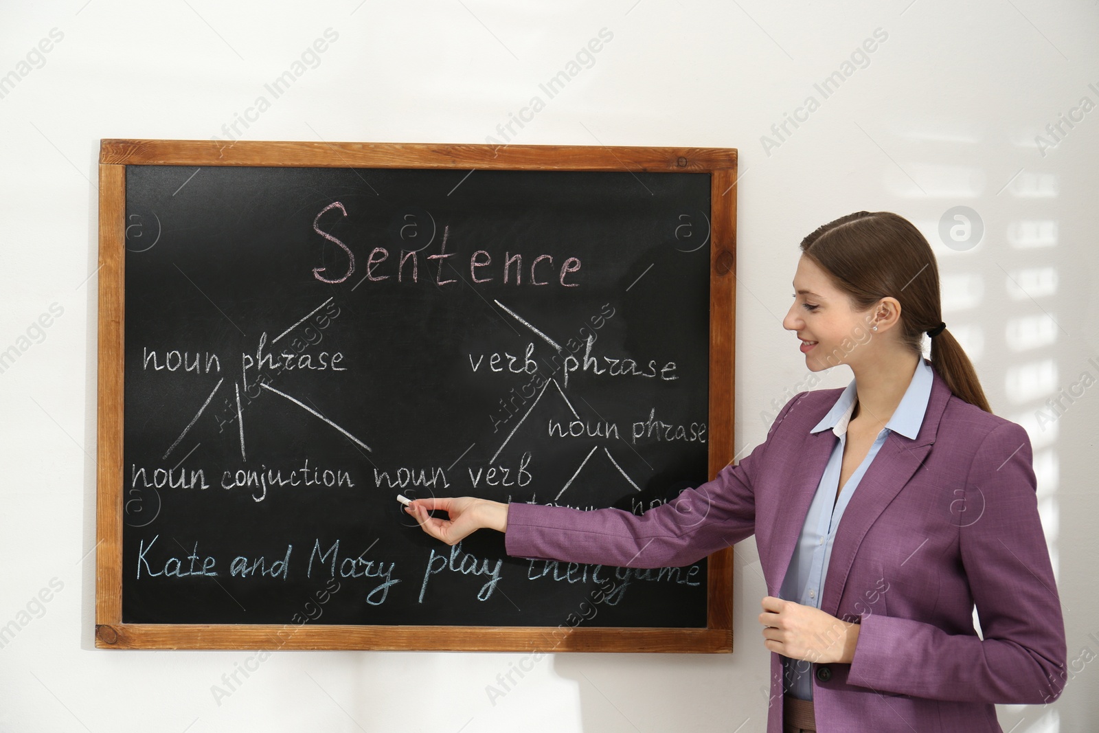 Photo of English teacher giving sentence construction rules near blackboard in classroom