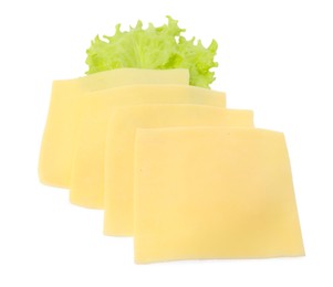 Photo of Slices of fresh cheese and lettuce isolated on white, top view