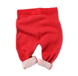 Photo of Red pants isolated on white, top view. Christmas baby clothes