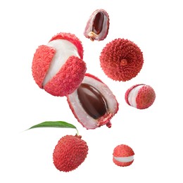 Image of Many lychees falling on white background. Exotic fruit