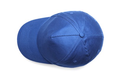 Photo of Stylish blue baseball cap on white background, top view