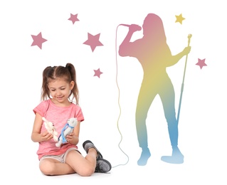 Image of Little girl with soft toys dreaming to be singer. Silhouette of woman behind kid's back