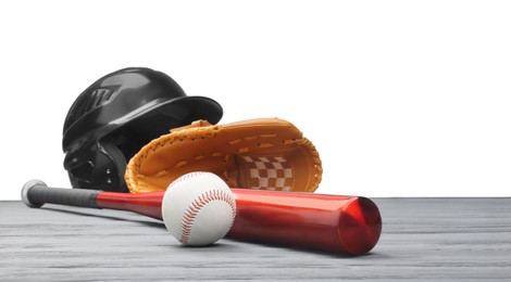 Photo of Baseball glove, bat, ball and batting helmet on grey wooden table against white background
