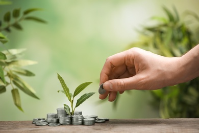 Woman putting coin onto pile and green plant on wooden table against blurred background, closeup