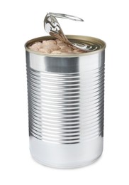 Open tin can of wet pet food isolated on white