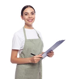 Young woman in light green apron with clipboard on white background