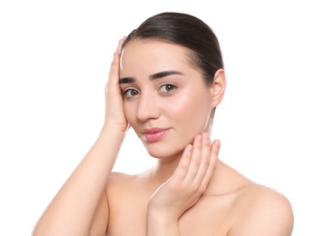 Photo of Portrait of young woman with beautiful face against white background