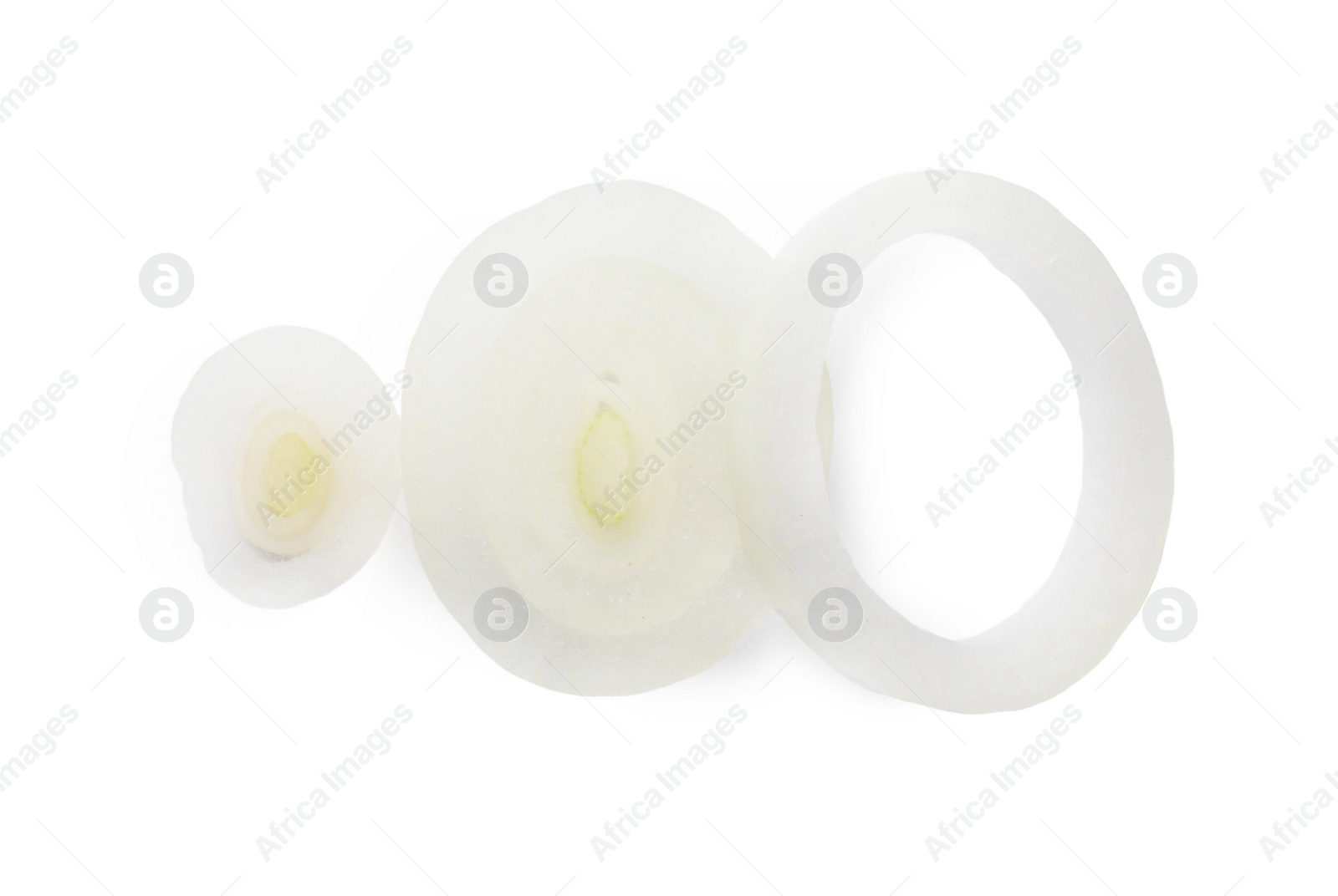 Photo of Fresh ripe onion rings on white background, top view