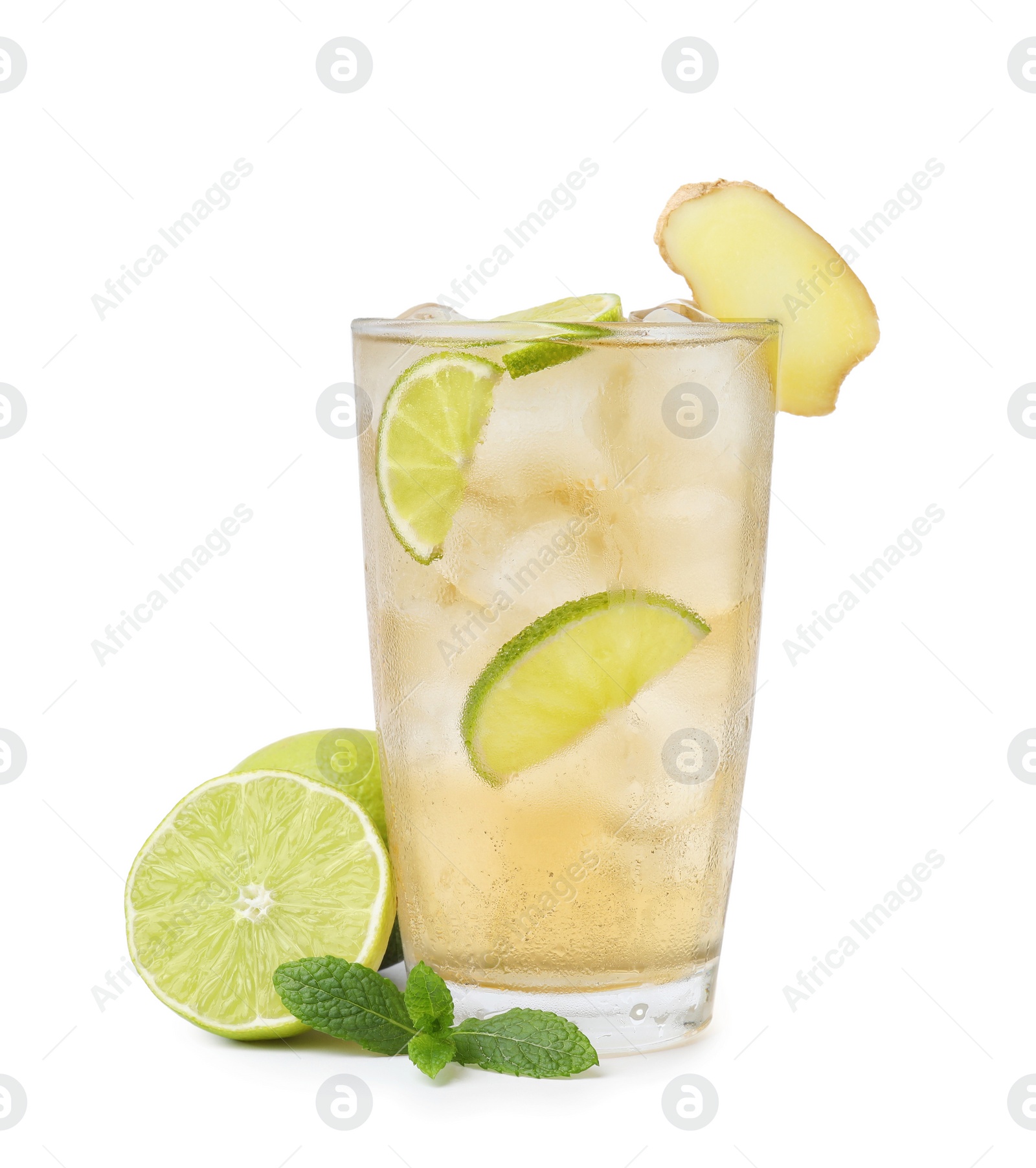 Photo of Glass of tasty ginger ale with ice cubes and ingredients isolated on white