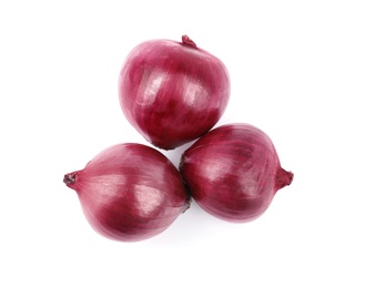 Fresh whole red onions on white background, top view