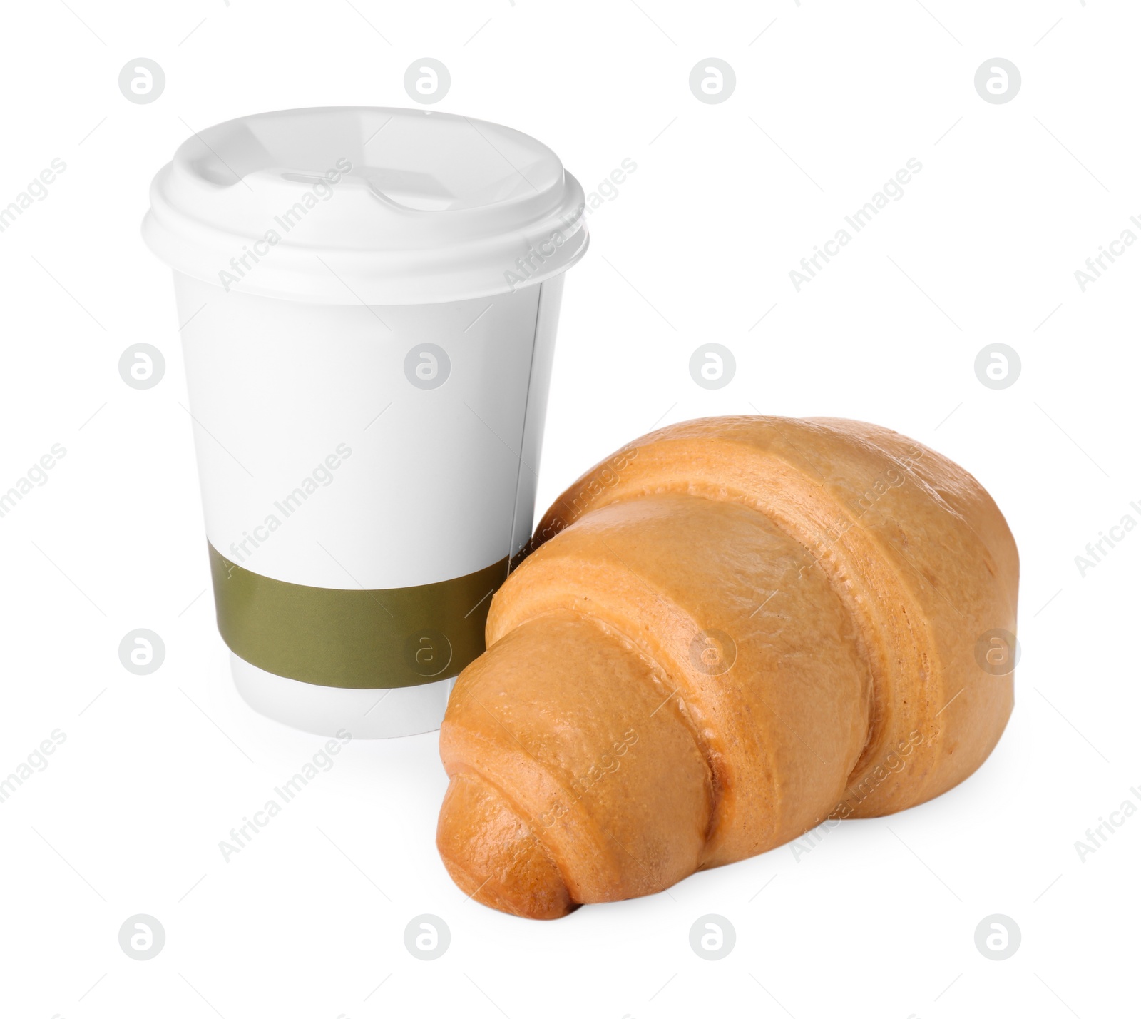 Photo of Delicious fresh croissant and paper cup with coffee isolated on white