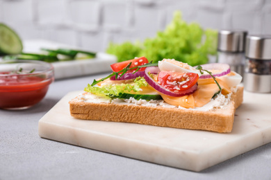 Delicious sandwich served on light grey table