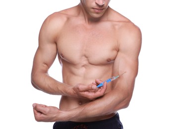Photo of Athletic man injecting himself on white background, closeup. Doping concept