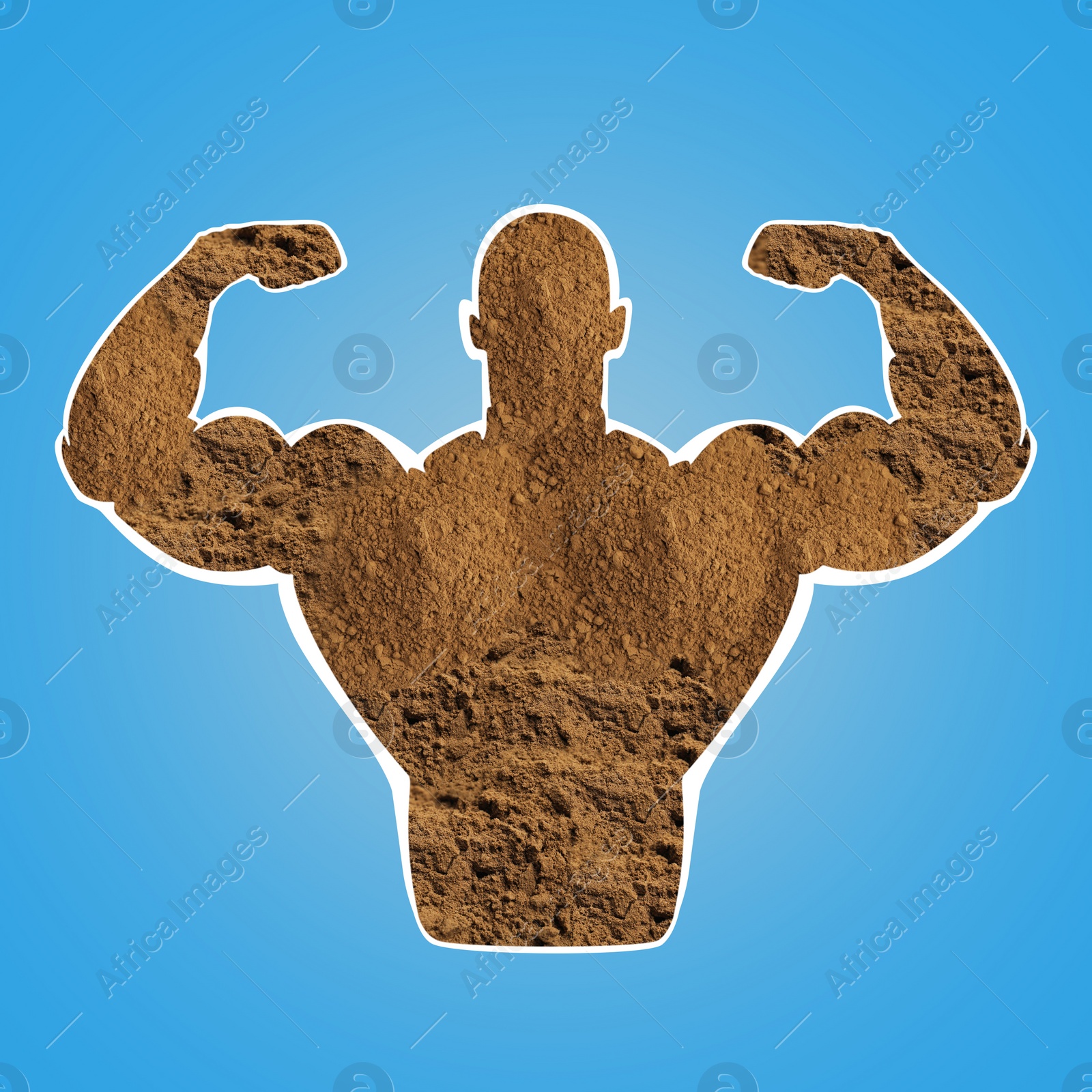 Illustration of Muscular man showing biceps on blue background. Silhouette of sportsman made with amino acids powder