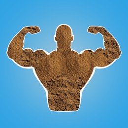 Illustration of Muscular man showing biceps on blue background. Silhouette of sportsman made with amino acids powder