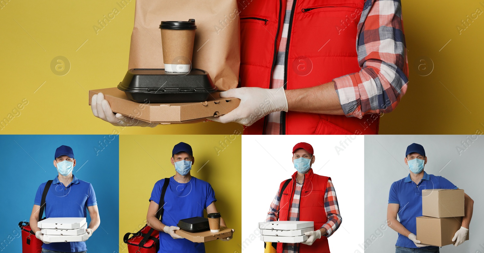 Image of Collage with photos of courier in protective mask holding orders and boxes on color backgrounds, banner design. Delivery service during coronavirus quarantine