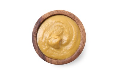 Photo of Fresh tasty mustard sauce in wooden bowl isolated on white, top view