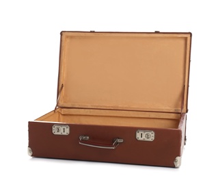 Photo of Open suitcase for travelling on white background