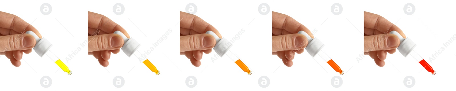 Image of Collage with women holding pipettes with different essential oils on white background, closeup. Banner design